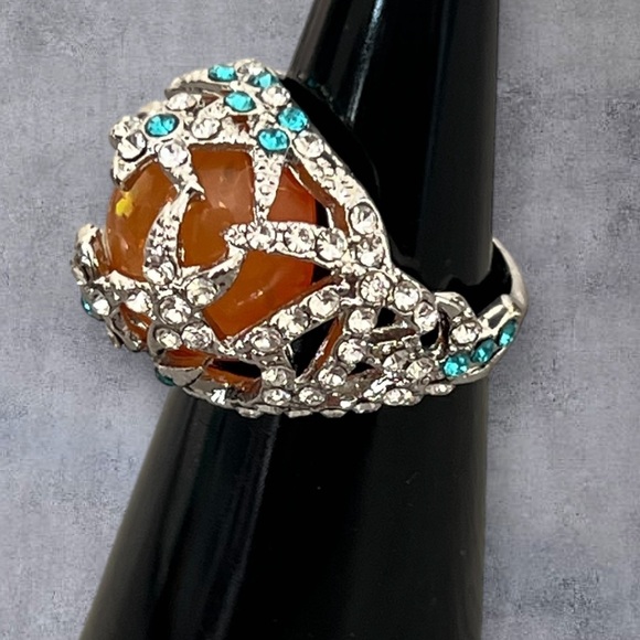 Stainless steel paved clear CZ dome ring size 6, large round orange faux opal - Picture 2 of 6